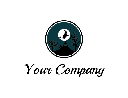 witch flying on broom over a creepy cemetery during a full moon