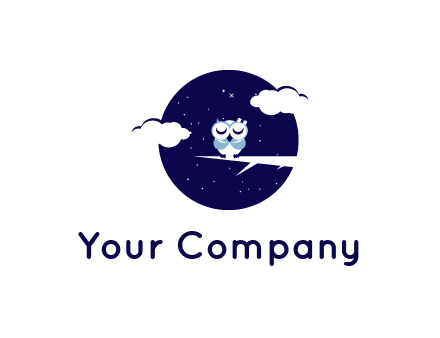 owl sleeping on a branch in a starry night with few clouds