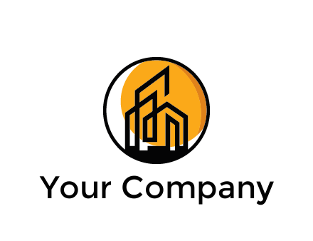 line art building in circle with sun construction logo