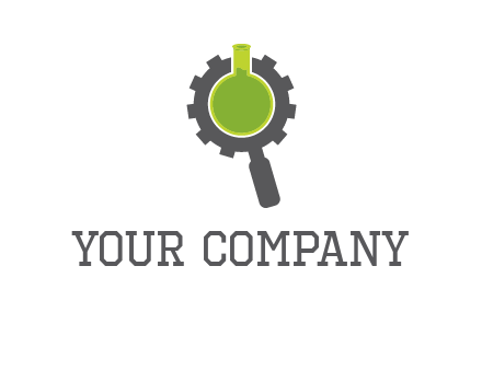 flask inside gear magnifying glass research engineering logo