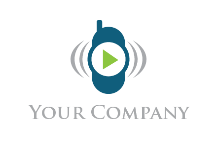 play button inside cell phone with communication signals logo